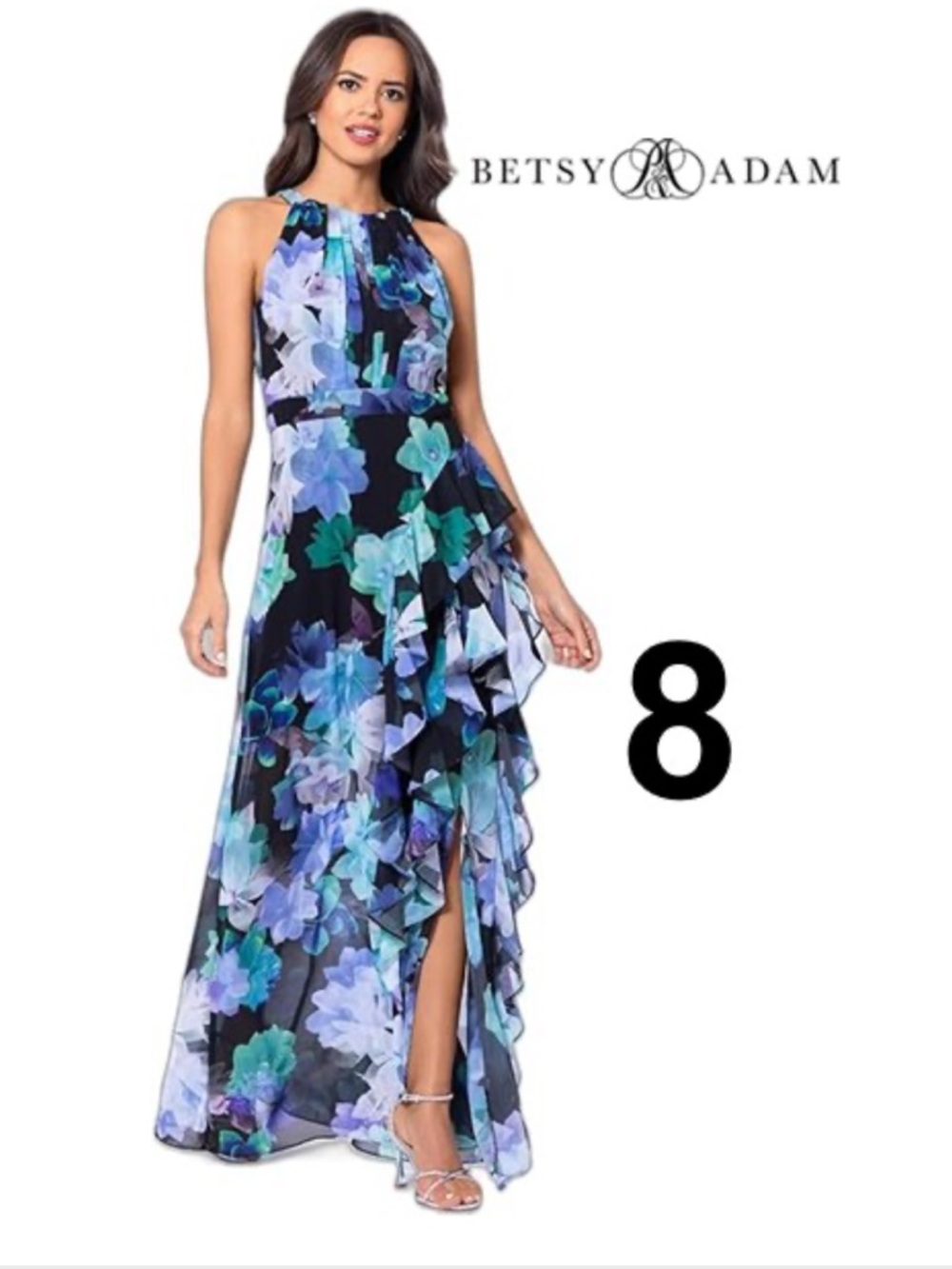 Betsy & Adam Floral Chiffon Maxi Dress Size 8 Blue Green Ruffle Formal Gown